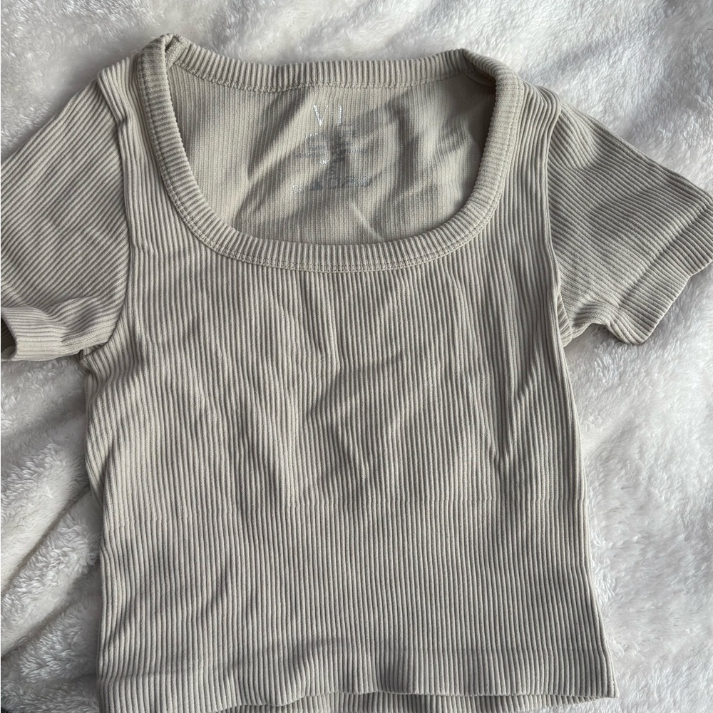 VILA Ribbed Beige Short Sleeve Top